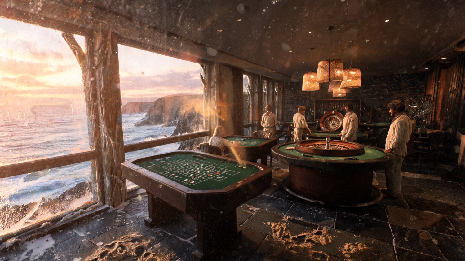 Casino gaming room with sea views at golden hour