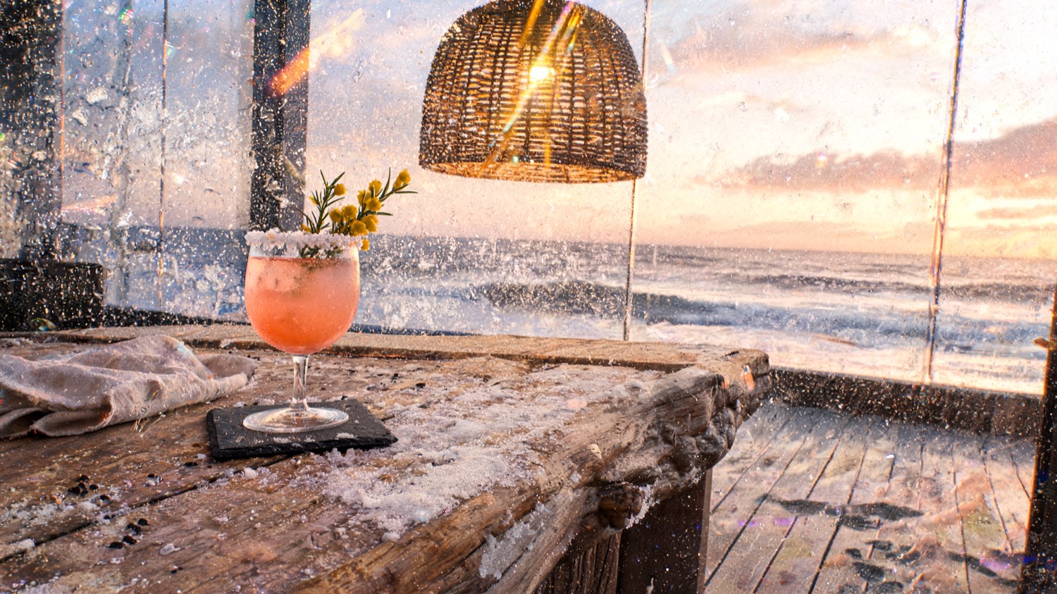 The Gorse Bar with sea-salt-rimmed cocktails on a slate coaster