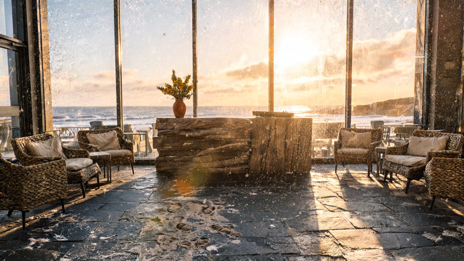 The Sea-Glass Lounge with woven chairs and sea views