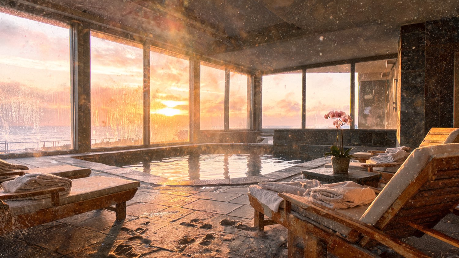 Spa pool with warm wood loungers and soft gradient light
